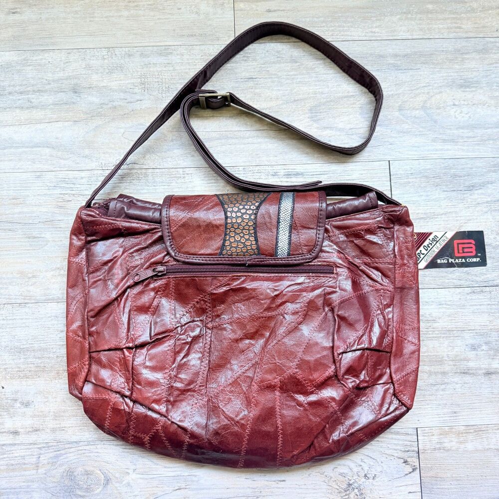 Vintage Genuine Leather Patchwork Snake Crossbody Bag Boho Safari Animal Purse - Picture 2 of 13